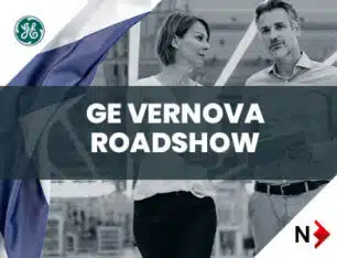 GE Vernova Roadshow | Kuvassa taustalla näkyy osa Suomen lipusta, mies ja nainen keskustelemassa ja GE Vernovan ja Novotekin logot.